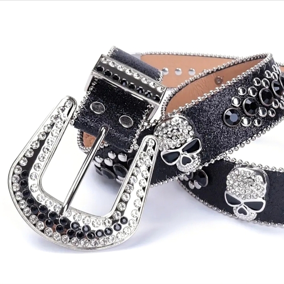 Womens Black & Silver Skull Moto Biker Western Silver Stud Rhinestone Bling Belt - Picture 6 of 11
